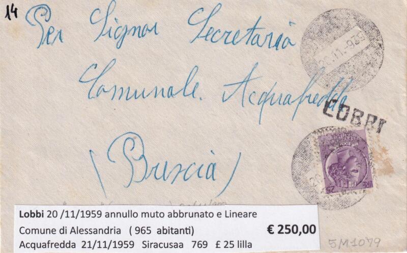 Annullo muto Lobbi - Data 20/11/1959 Francobollo Siracusana (cat. n. 769) Lire 25 lilla