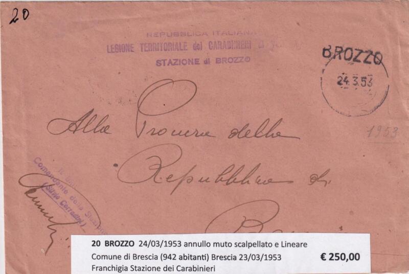 Annullo muto BROZZO – Data 24/03/1953 Franchigia Stazione dei Carabinieri