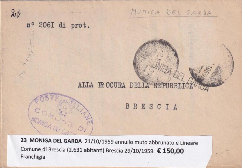 Annullo muto MONIGA DEL GARDA – Data 21/10/1959 Franchigia