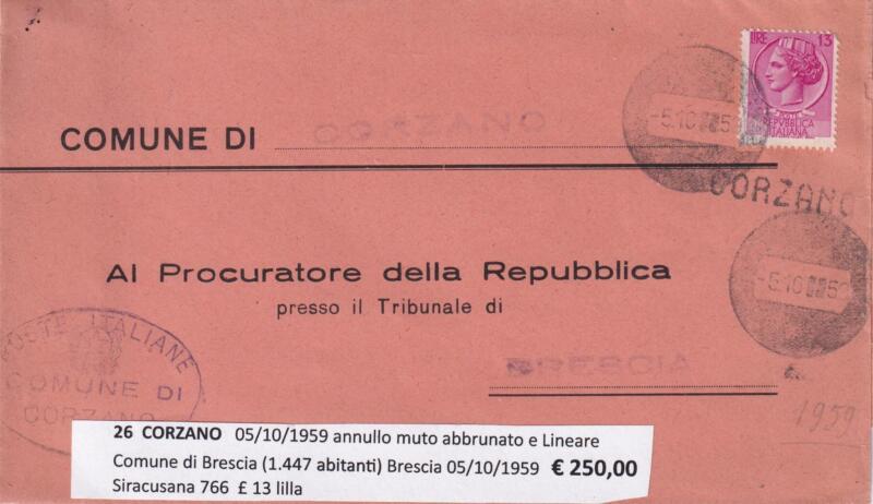 Annullo muto CORZANO – Data 05/10/1959 Francobollo Siracusana (cat. n. 766) Lire 13 lilla