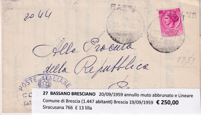Annullo muto BASSANO BRESCIANO – Data 20/09/1959 Francobollo Siracusana (cat. n. 766) Lire 13 lilla