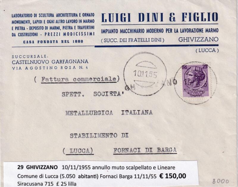 Annullo muto MALBORGHETTO – Data 17/12/1959 Francobollo Siracusana (cat. n. 766) Lire 13 lilla
