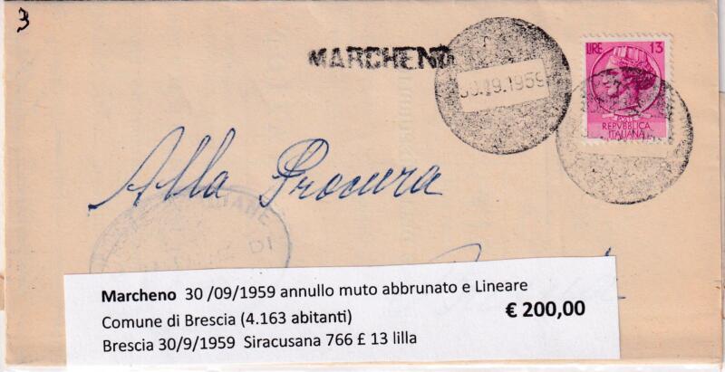 Annullo muto Marcheno - Data 30/9/1959 Francobollo Siracusana (cat. n. 766) Lire 13 lilla