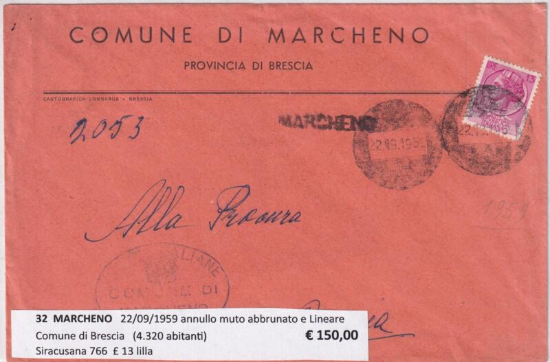 Annullo muto MARCHENO – Data 22/09/1959 Francobollo Siracusana (cat. n. 766) Lire 13 lilla