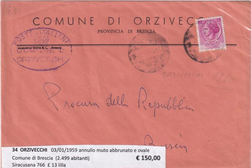 Annullo muto ORZIVECCHI – Data 03/01/1959 Francobollo Siracusana (cat. n. 766) Lire 13 lilla