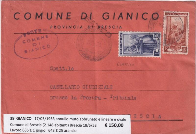 Annullo muto GIANICO – Data 17/05/1953 Francobolli Italia al Lavoro (Cat. n. 635) Lire 1 grigio e (cat. n. 643) Lire 25 arancio