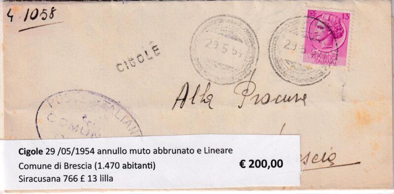 Annullo muto Cigole - Data 29/05/1954 Francobollo Siracusana (cat. n. 766) Lire 13 lilla