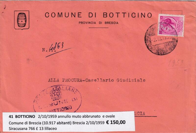 Annullo muto BOTTICINO – Data 02/10/1959 Francobollo Siracusana (cat. n. 766) Lire 13 lilla