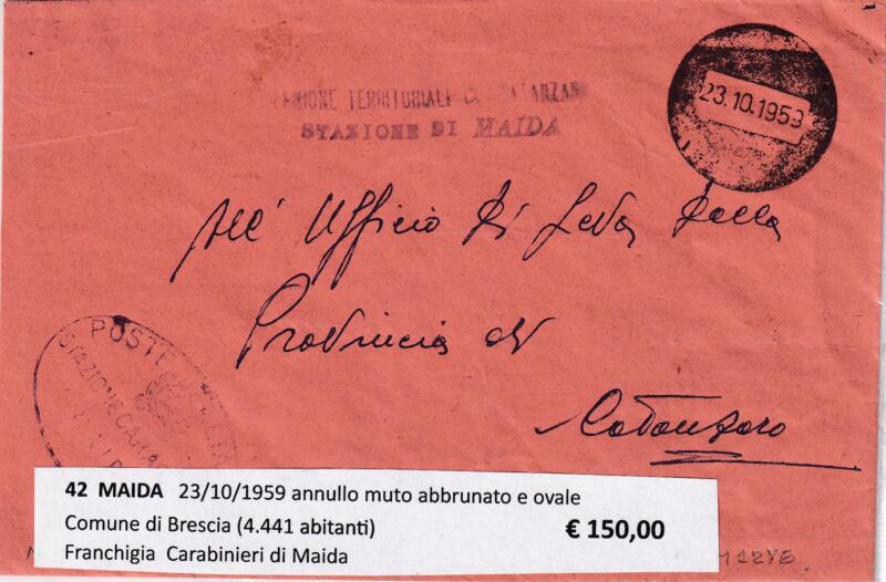 Annullo muto MAIDA – Data 23/10/1959 Franchigia Carabinieri di Maida