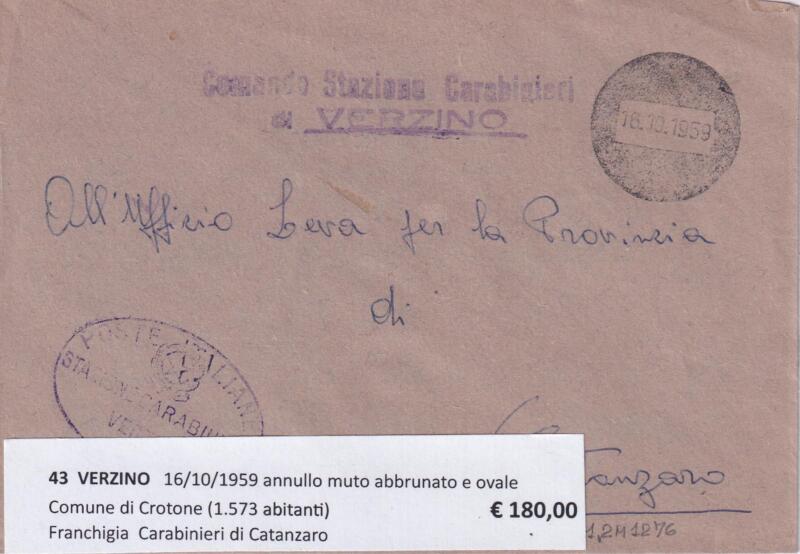 Annullo muto VERZINO – Data 16/10/1959 Franchigia  Carabinieri di Catanzaro