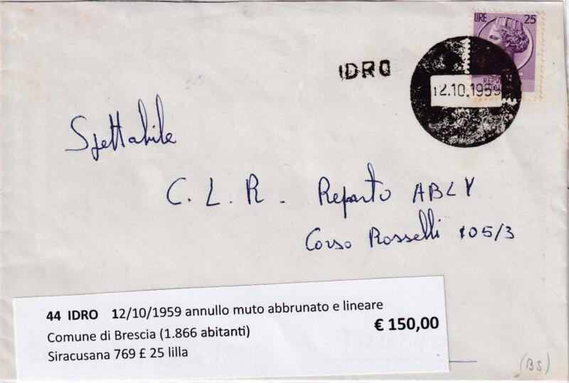Annullo muto IDRO – Data 12/10/1959 Francobollo Siracusana (cat. n. 769) Lire 25 lilla