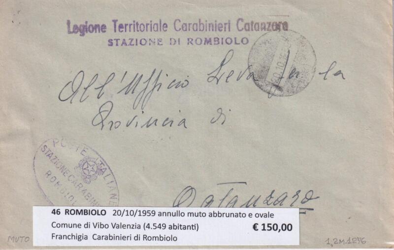 Annullo muto ROMBIOLO – Data 20/10/1959 Franchigia  Carabinieri di Rombiolo
