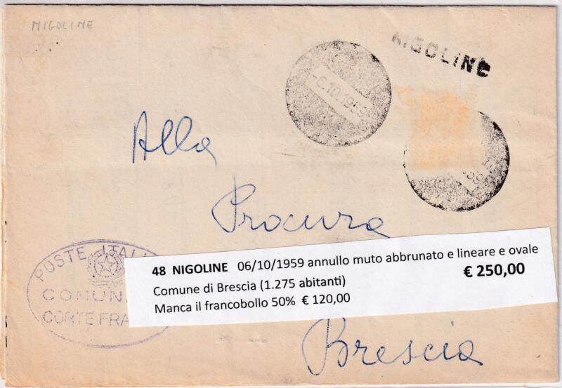 Annullo muto NIGOLINE – Data  06/10/1959 Manca il francobollo
