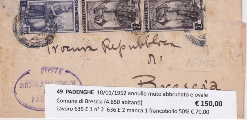 Annullo muto PADENGHE – Data 10/01/1952 Francobolli Italia al Lavoro (cat. n. 635) Lire 1 Italia al Lavoro (cat. n.636) Lire 2