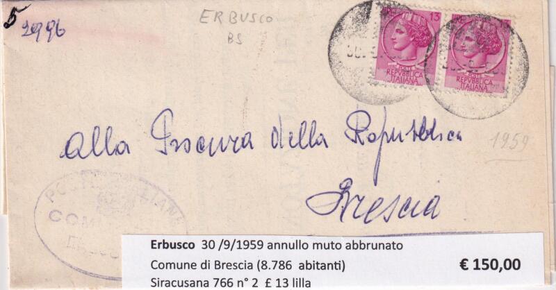 Annullo muto Erbusco - Data 30/9/1959 Francobollo Siracusana (cat n. 766) Lire 13 lilla