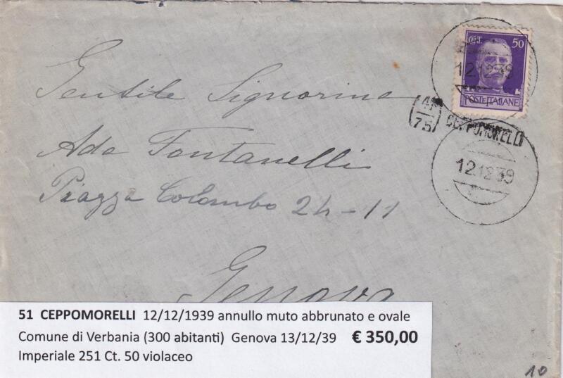 Annullo muto CEPPOMORELLI – Data 12/12/1939 Francobollo Imperiale (cat. n. 251) Centesimi 50 violaceo