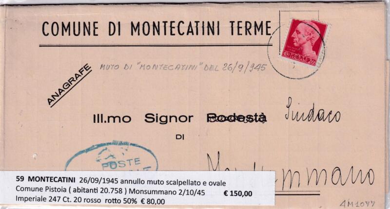 Annullo muto MONTECATINI – Data 26/09/1945 Francobollo Imperiale (cat. n. 247) Centesimi 20 rosso