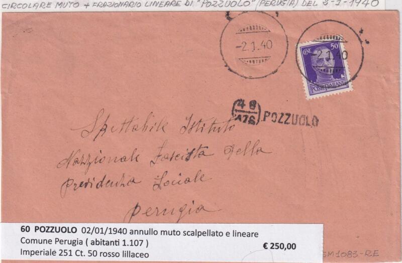 Annullo muto POZZUOLO – Data 02/01/1940 Francobollo Imperiale (cat. n. 251) Centesimi 50 rosso lilla