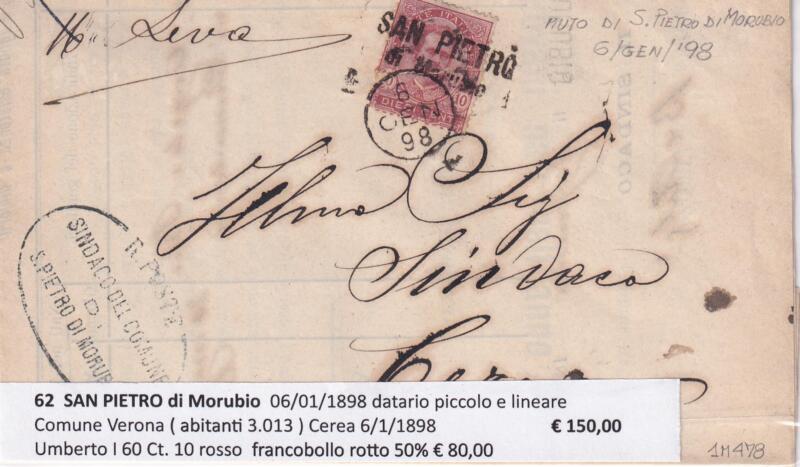 Annullo muto SAN PIETRO di Morubio – Data 06/01/1898 Francobollo Umberto I (cat. n. 60) Centesimi 10 rosso