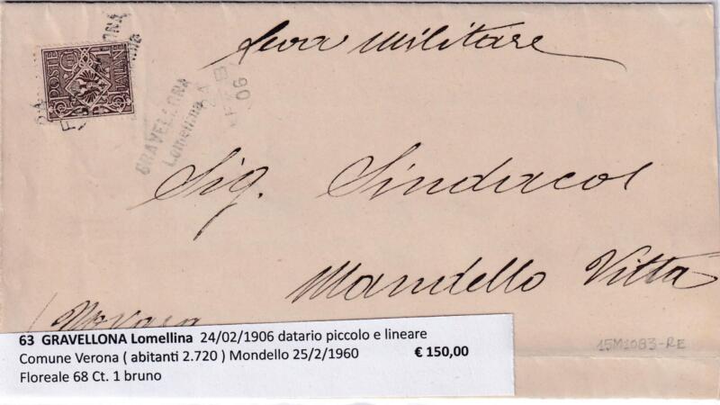 Annullo muto GRAVELLONA Lomellina – Data 24/02/1906 Francobollo Floreale (cat. n. 68) Centesimi 1 bruno