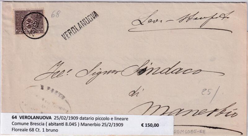 Annullo muto VEROLANUOVA – Data 25/02/1909 Francobollo Floreale (cat. n. 68) Centesimi 1 bruno