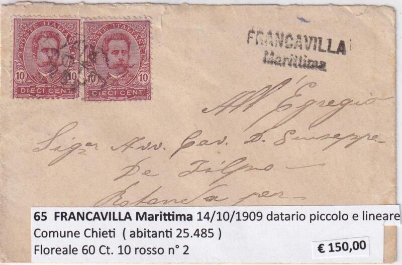 Annullo muto FRANCAVILLA Marittima – Data 14/10/1909 Francobolli Floreale (cat. n. 60) Centesimi 10 rosso