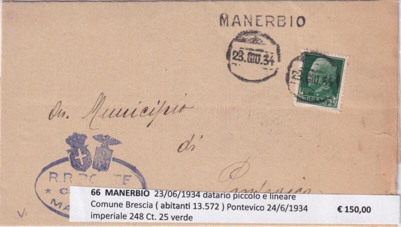 Annullo muto MANERBIO – Data 23/06/1934 Francobollo Imperiale (cat. n. 248) Centesimi 25 verde