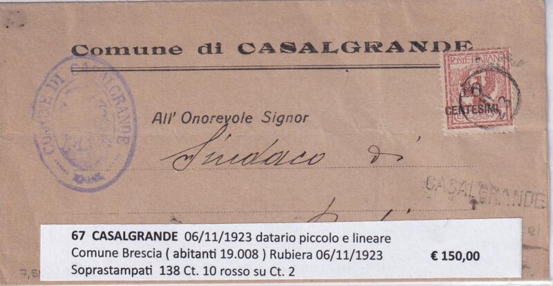 Annullo muto CASALGRANDE – Data 06/11/1923 Francobolli Soprastampati (cat. n. 138) Centesimi 10 rosso su Centesimi 2