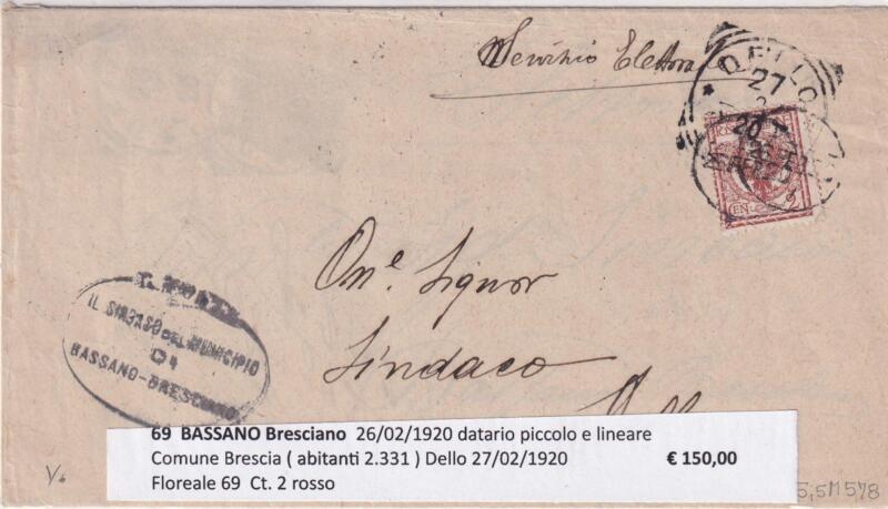 Annullo muto BASSANO Bresciano – Data 26/02/1920 Francobollo Floreale (cat. n. 69) Centesimi 2 rosso