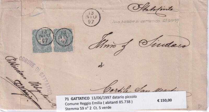 Annullo muto GATTATICO – Data 13/06/1997 Francobollo Stemma (cat. n. 59) Centesimi 5 verde