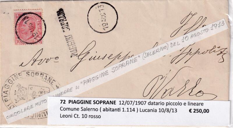 Annullo muto PIAGGINE SOPRANE – Data 12/07/1907 Francobollo Leoni (cat. n. 82) Centesimi 10 rosso