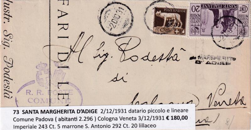 Annullo muto SANTA MARGHERITA D’ADIGE – Data 02/12/1931 Francobolli Imperiale (cat. n. 243) Centesimi 5 marrone e S. Antonio (cat. n. 292) Centesimi 20 lillaceo