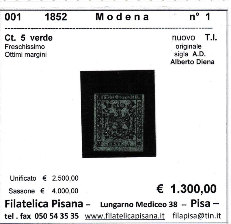 Francobollo Ducato di Modena - Anno 1852 Centesimi 5 verde (cat. n. 1)