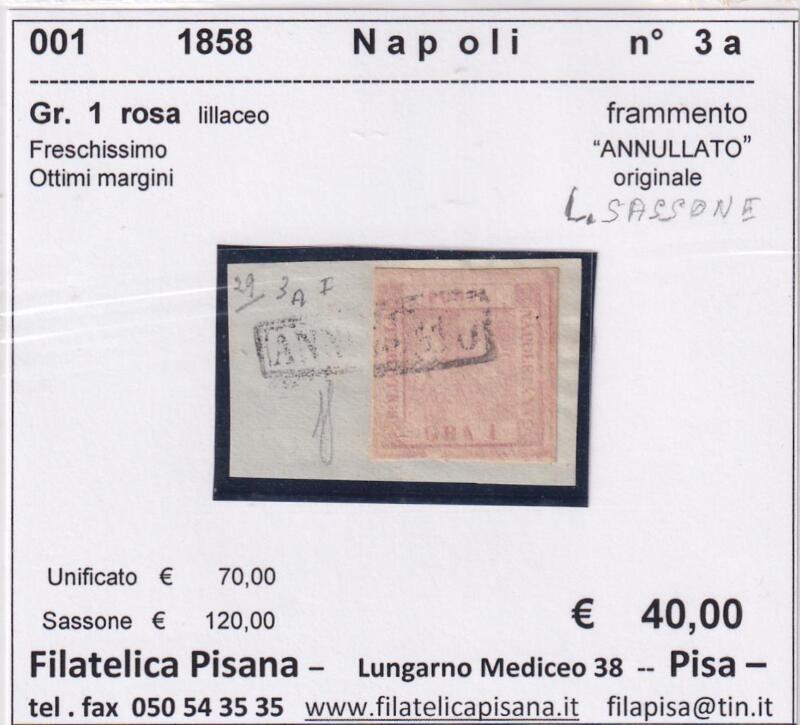Francobollo Regno di Napoli - Anno 1858 Grani 1 rosa lillaceo (cat. n. 3a)