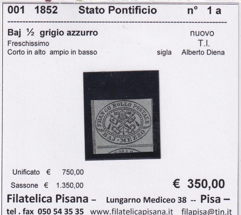 Francobollo Stato Pontificio - Anno 1852 Baj 1/2 grigio azzurro (cat. n. 1a)