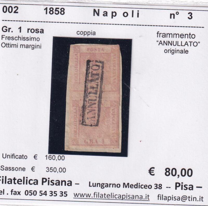 Francobollo Regno di Napoli - Anno 1858 Grani 1 rosa (cat. n. 3) coppia