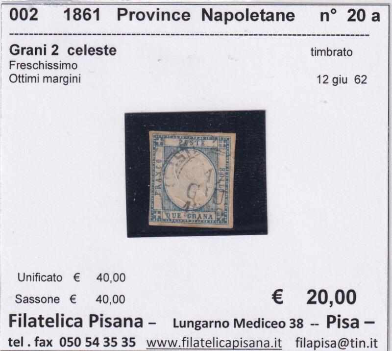 Francobollo Province Napoletane – Anno 1861 Grani 2 celeste (cat. n. 20a)