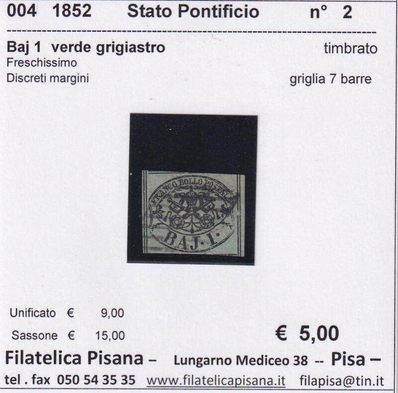 Francobollo Stato Pontificio – Anno 1852 Baj 1 verde grigiastro (cat. n. 2)