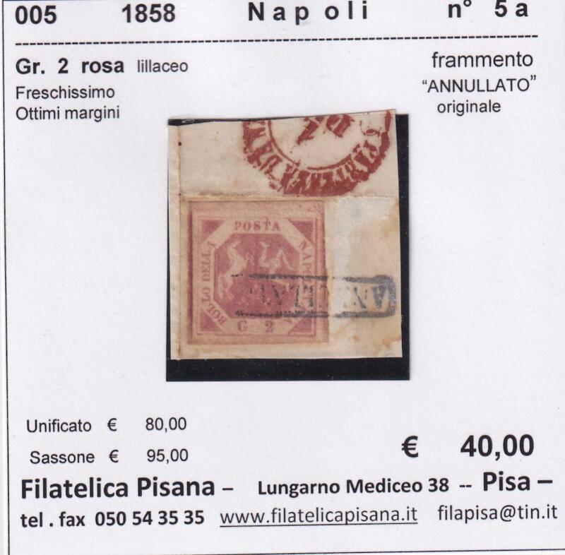 Francobollo Regno di Napoli – Anno 1858 Grani 2 rosa lillaceo (cat. n. 5a)