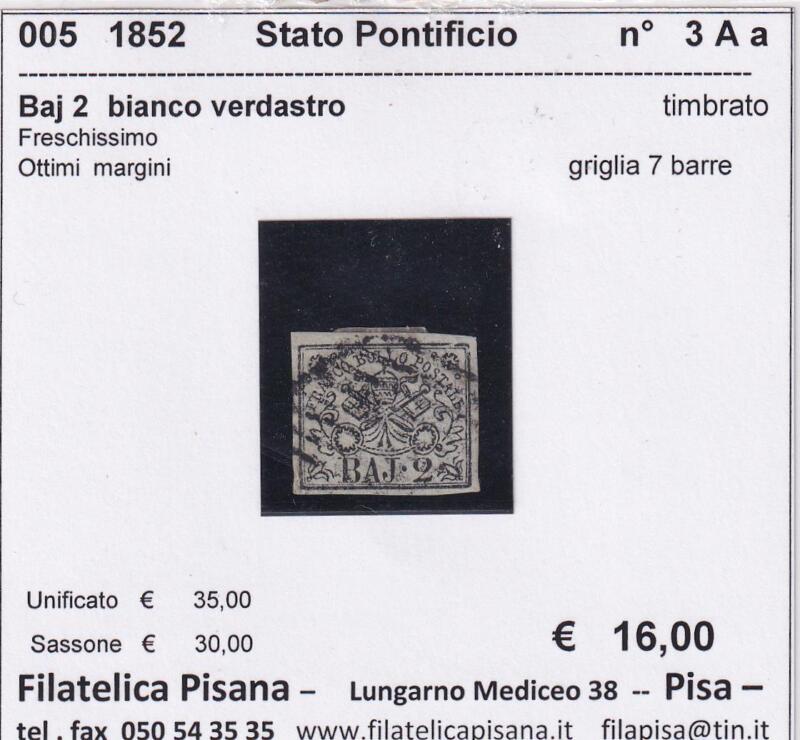 Francobollo Stato Pontificio – Anno 1852 Baj 2 bianco verdastro (cat. n. 3A a)