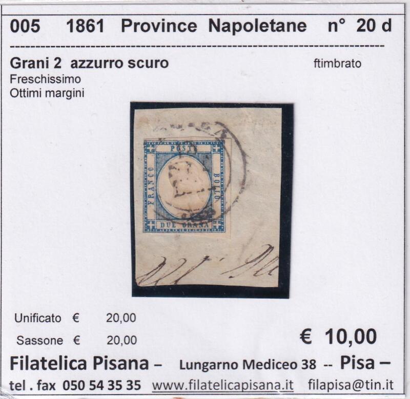 Francobollo Province Napoletane – Anno 1861 Grani 2 azzurro scuro (cat. n. 20d)