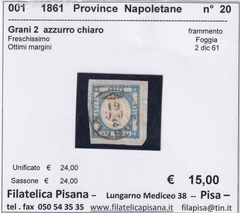 Francobollo Province Napoletane - Anno 1861 Grani 2 azzurro chiaro (cat. n. 20)
