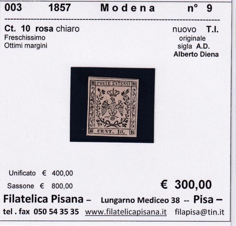 Francobollo Ducato di Modena – Anno 1857 Centesimi 10 rosa chiaro (cat. n. 9)