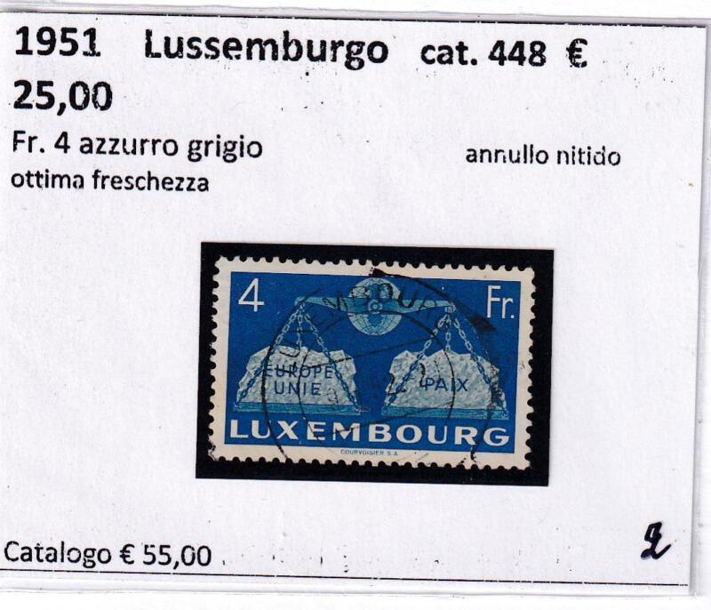Francobollo Lussemburgo - Anno 1951 Franchi 4 azzurro grigio (cat. n. 448)