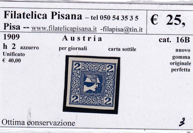 Francobollo per giornali Austria - Anno 1909 Heller 2 azzurro