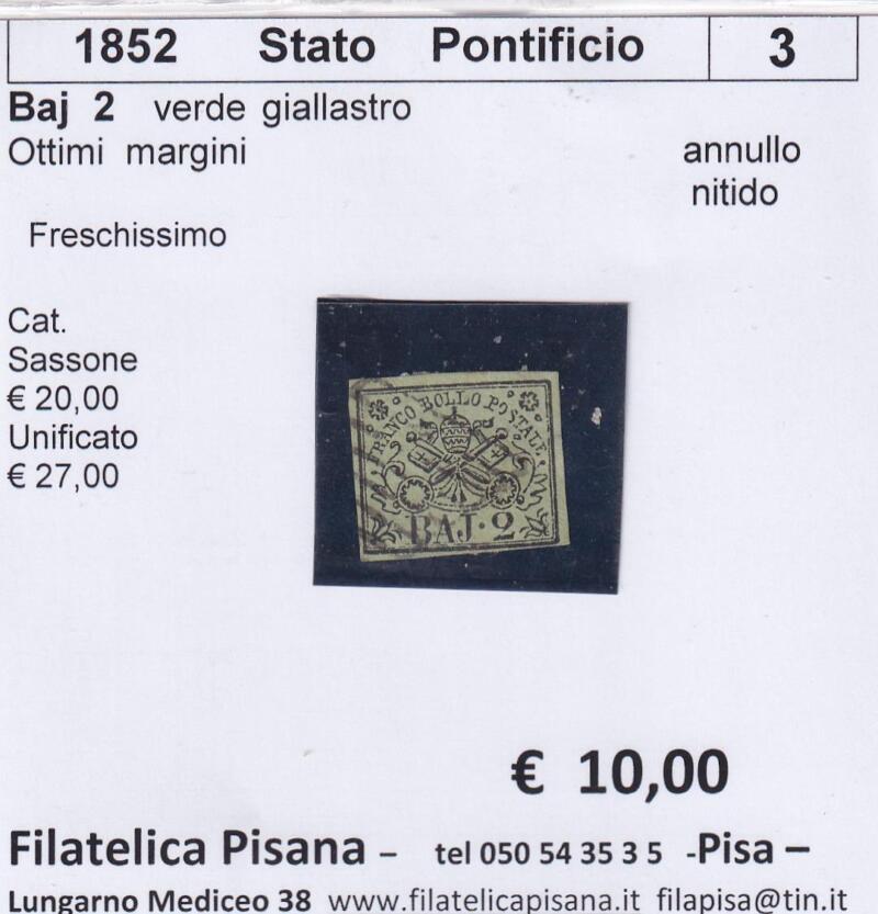 Francobollo Stato Pontificio – Anno 1852 Baj 2 verde giallastro (cat. n. 3)