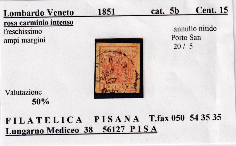 Francobollo Lombardo Veneto – Anno 1851 Centesimi 15 rosa carminio intenso (cat. n. 5b)