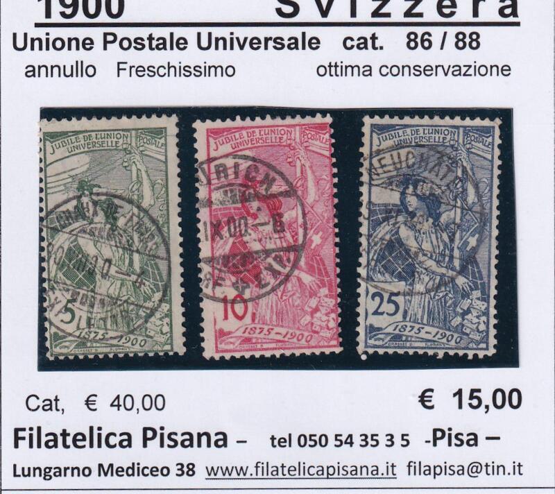 Francobolli Svizzera Unione Postale Universale Franchi 5, 10, 15 - Anno 1900