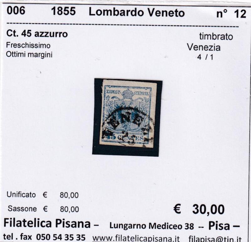 Francobollo Lombardo Veneto – Anno 1855 Centesimi 45 azzurro (cat. n. 45)