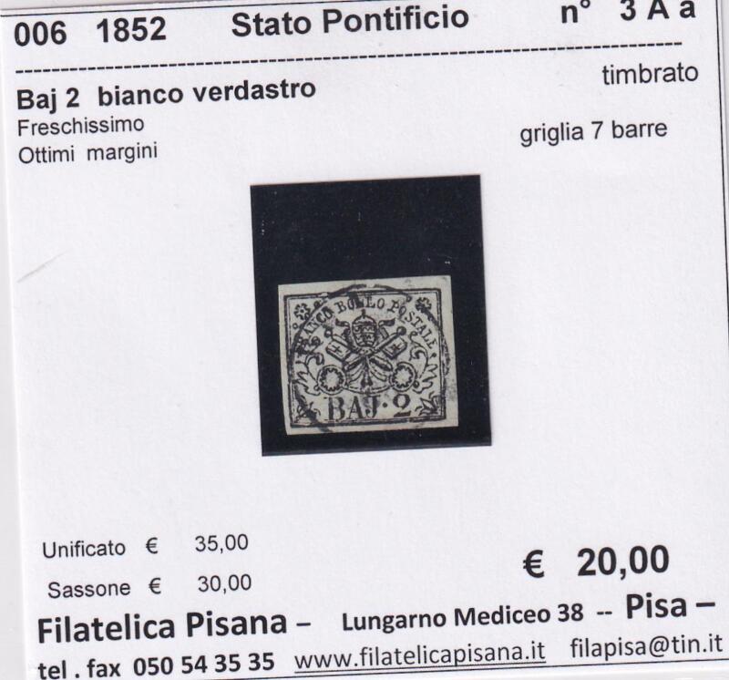 Francobollo Stato Pontificio – Anno 1852 Baj 2 bianco verdastro (cat. n. 3A a)